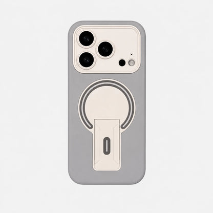 Josh & Tate - TiltPod™ iPhone Case - A gray phone case with a cream-colored MagSafe ring and a vertical stand design, shown on a light gray background.