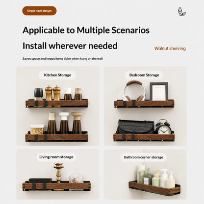 Josh & Tate - TimberLedge™ Wall Organizer - A promotional graphic for wall-mounted wooden shelves, showing four labeled usage scenarios: kitchen storage, bedroom storage, living room storage, and bathroom corner storage. The image includes marketing text ('Applicable to Multiple Scenarios', 'Install wherever needed', 'Walnut shelving') and small decorative objects placed on the shelves.