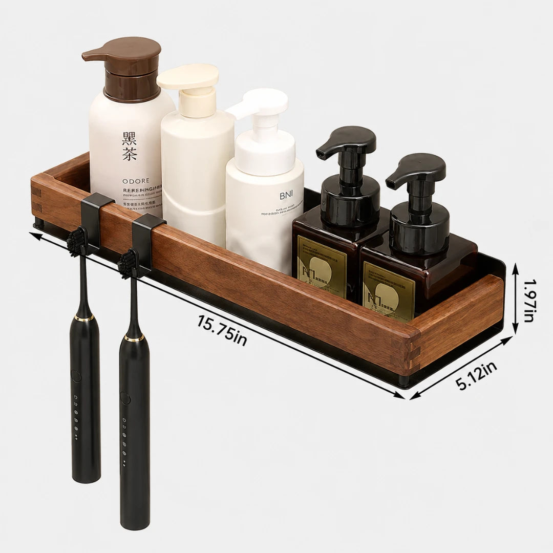 Josh & Tate - TimberLedge™ Wall Organizer - A wall-mounted wooden tooth holder tray with black brackets holding two toothbrushes on the left and three toiletry bottles on the right. The image includes dimension labels showing 15.
