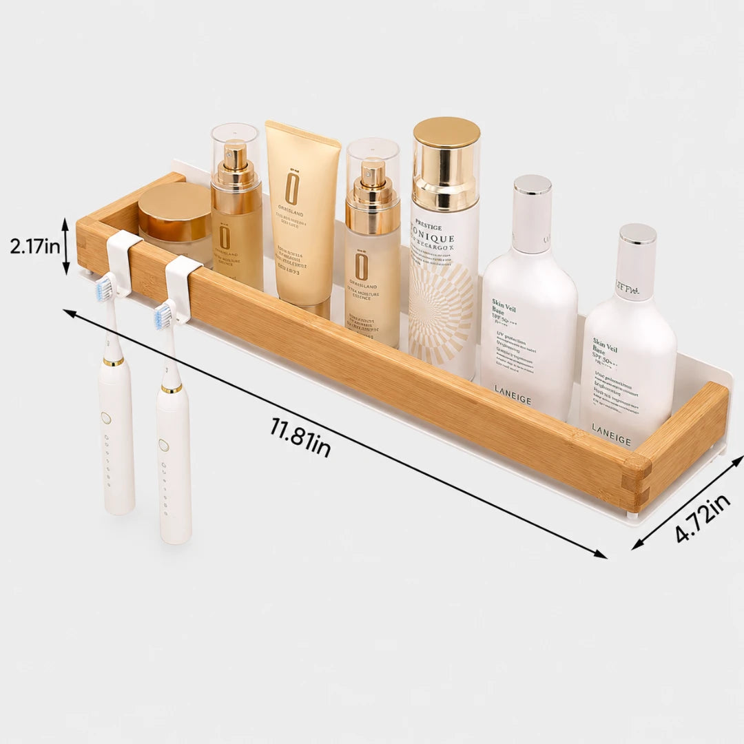 Josh & Tate - TimberLedge™ Wall Organizer - A wooden bathroom vanity organizer tray holding several cosmetic bottles and tubes, shown on a light gray background with dimension lines and measurements.