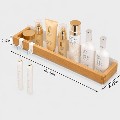 Josh & Tate - TimberLedge™ Wall Organizer - A bamboo bathroom organizer tray holding toiletry bottles, a toothbrush holder, and two electric toothbrushes, shown with dimension lines and measurements on a light gray background.