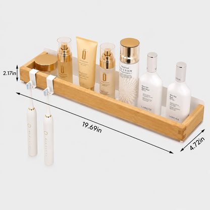 Josh & Tate - TimberLedge™ Wall Organizer - A bamboo toothbrush holder and organizer tray with two white electric toothbrushes, shown on a light gray background with dimension lines and measurements.