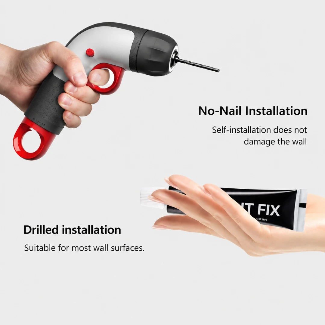 Josh & Tate - TimberLedge™ Wall Organizer - A hand holds a handheld drill-like applicator above text reading 'No-Nail Installation' and 'Self-installation does not damage the wall,' while another hand holds a black-and-white tube labeled 'TIT FIX' below text reading 'Drilled installation' and 'Suitable for most wall surfaces.'.