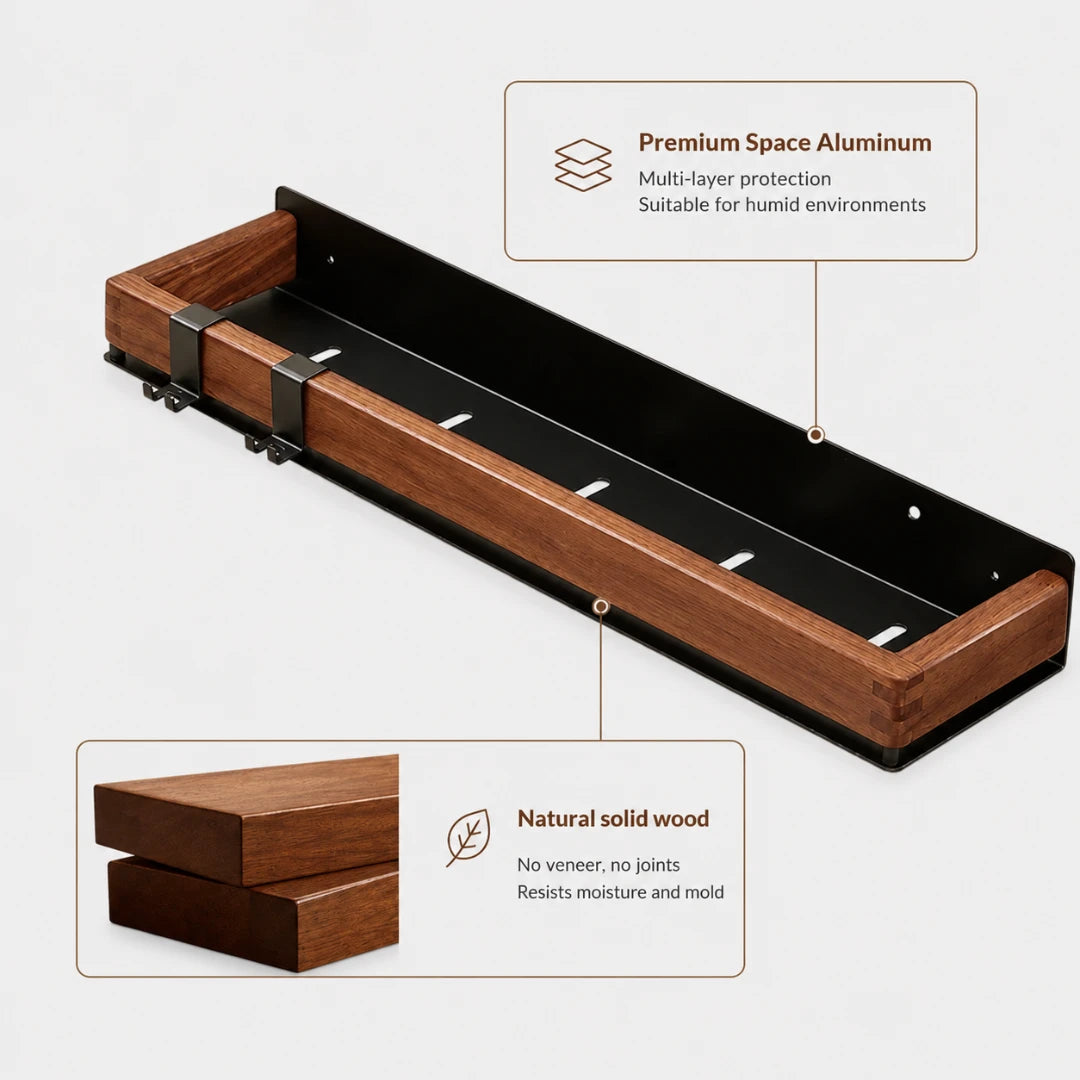 Josh & Tate - TimberLedge™ Wall Organizer - A wall-mounted rectangular shelf or tray with a natural wood frame and a black interior, shown on a light gray background with callout text and inset detail photos explaining premium aluminum exterior and natural solid wood construction.