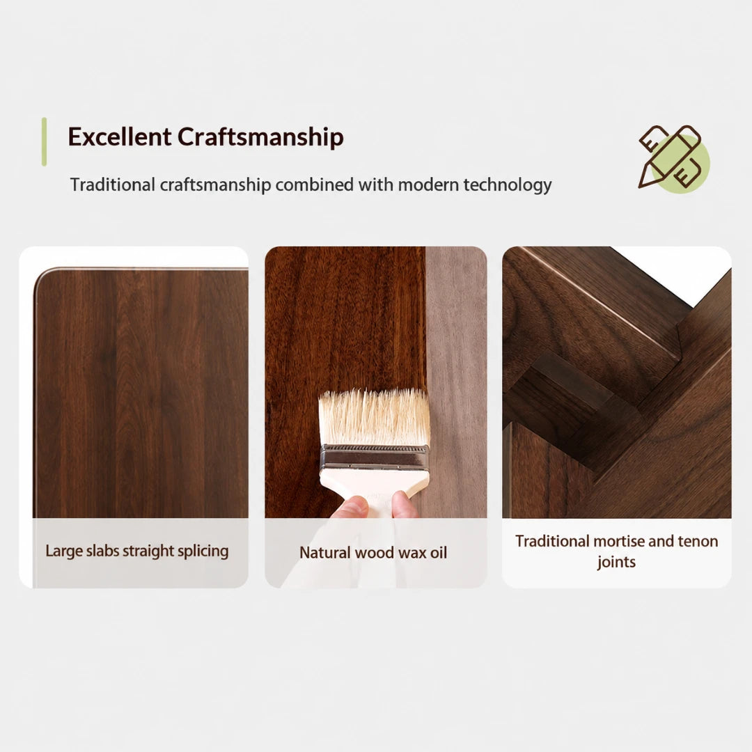 Josh & Tate - TimberLedge™ Wall Organizer - Promotional graphic for a dark brown wood furniture finish or material, featuring three panels: a large slab with straight splicing, natural wood wax oil being brushed onto a joint, and traditional mortise and tenon construction. Text reads 'Excellent Craftsmanship' and describes craftsmanship and technology.