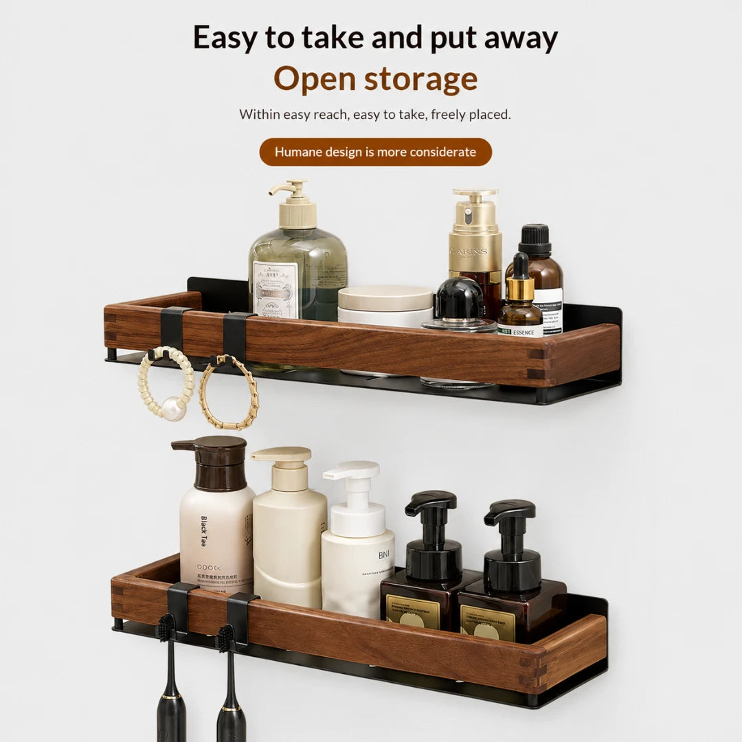 Josh & Tate - TimberLedge™ Wall Organizer - Two wooden wall-mounted bathroom shelves with black metal brackets, shown holding toiletry bottles, toothbrushes, and hanging earrings. Text at the top reads 'Easy to take and put away Open storage'.