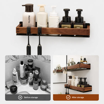 Josh & Tate - TimberLedge™ Wall Organizer - A wall-mounted wooden bathroom organizer shelf with black clips holding toiletries and toothbrushes, shown above a before-and-after storage comparison. The main product is the shelf unit itself, photographed on a clean white background.