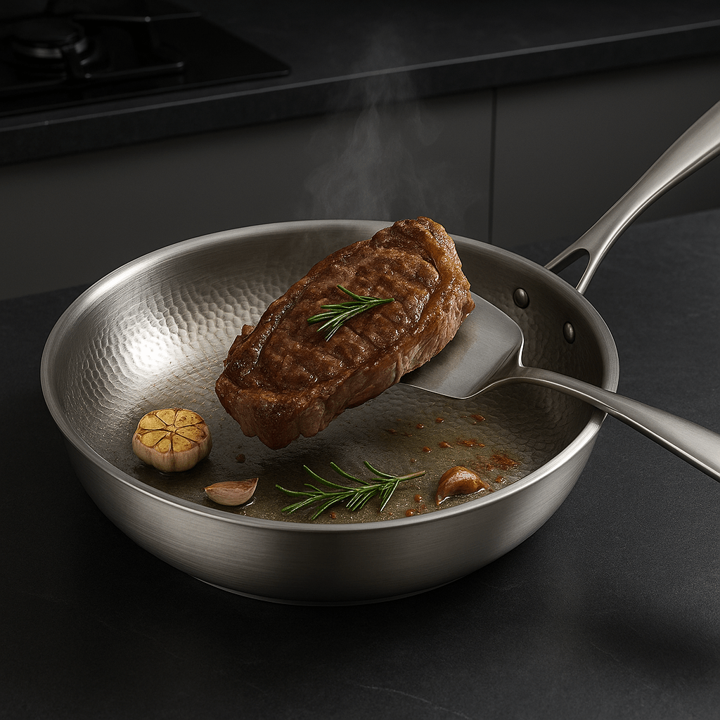 Steak being cooked in a frying pan with garlic and rosemary on a dark background