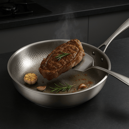 Steak being cooked in a frying pan with garlic and rosemary on a dark background