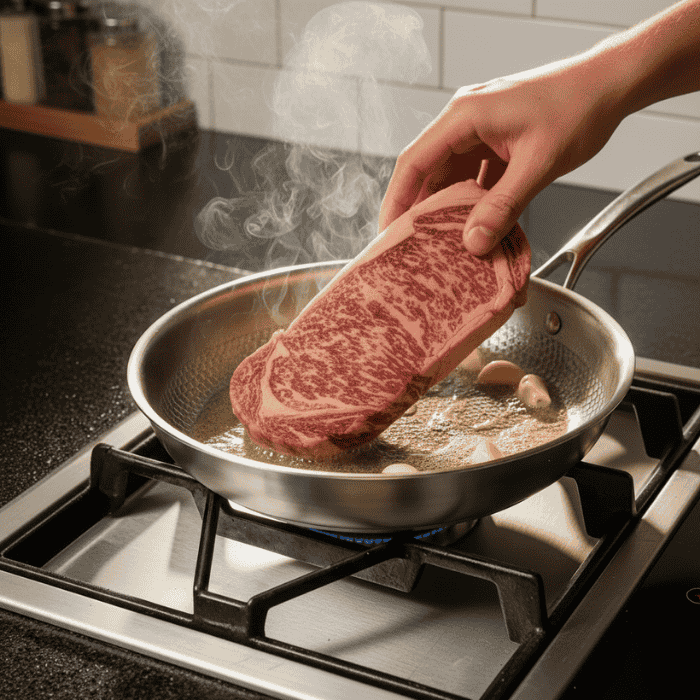 Person searing a thick cut of beef in a frying pan on a stovetop.