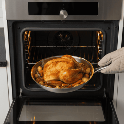 Roasted turkey being placed into an open oven.