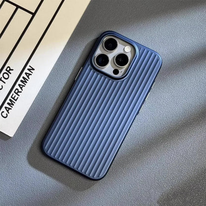 Blue phone case on a gray surface with a blurred background