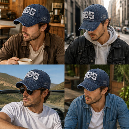 Josh & Tate - TrailFade™ '85 Cap - A four-panel collage showing a man wearing a distressed dark blue baseball cap with white '1865' lettering in different outdoor and casual settings.