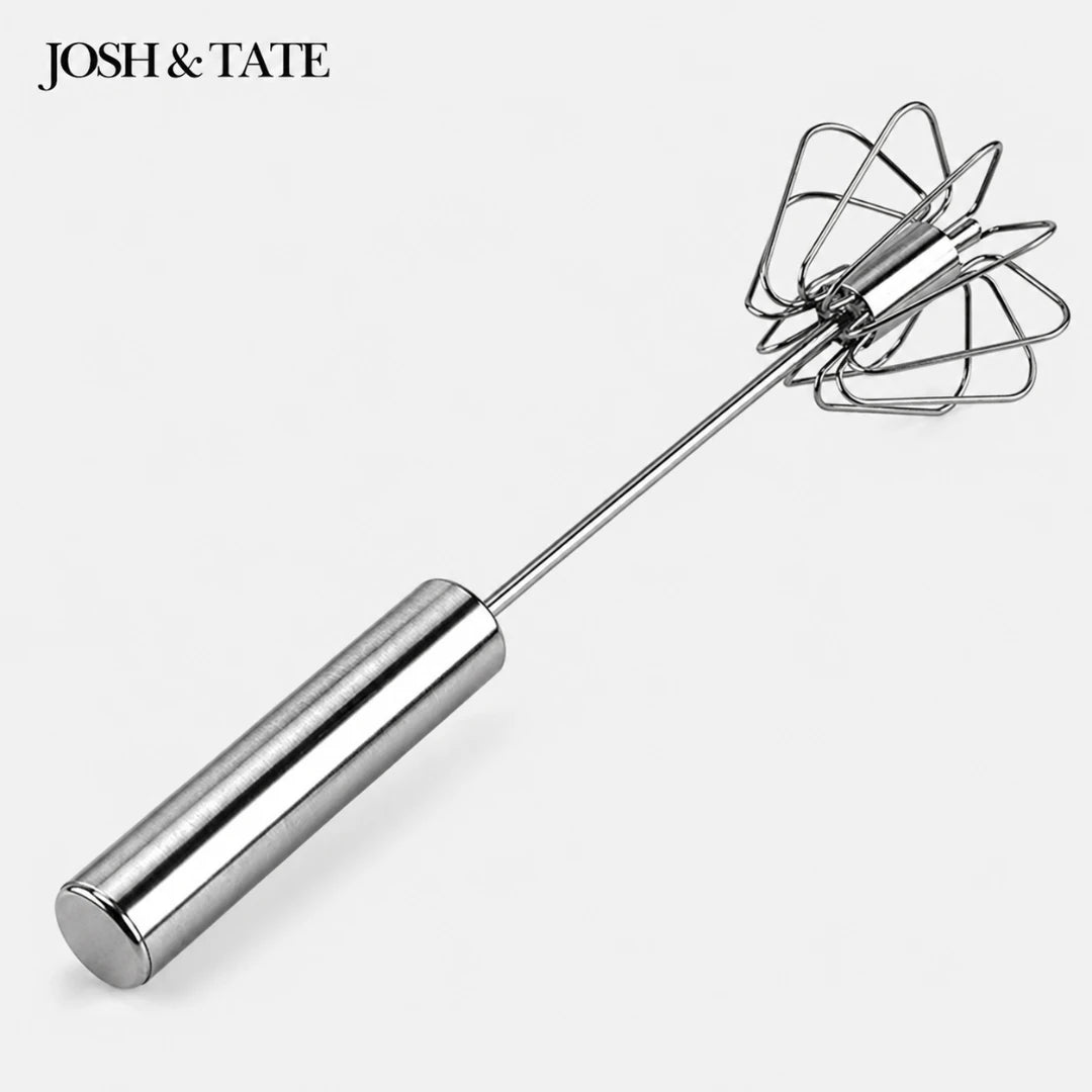Josh & Tate - TwistBeat™ Push-Spin Egg Whisk - Metal whisk with balloon attachment on a white background, branded 'JOSH & TATE'.