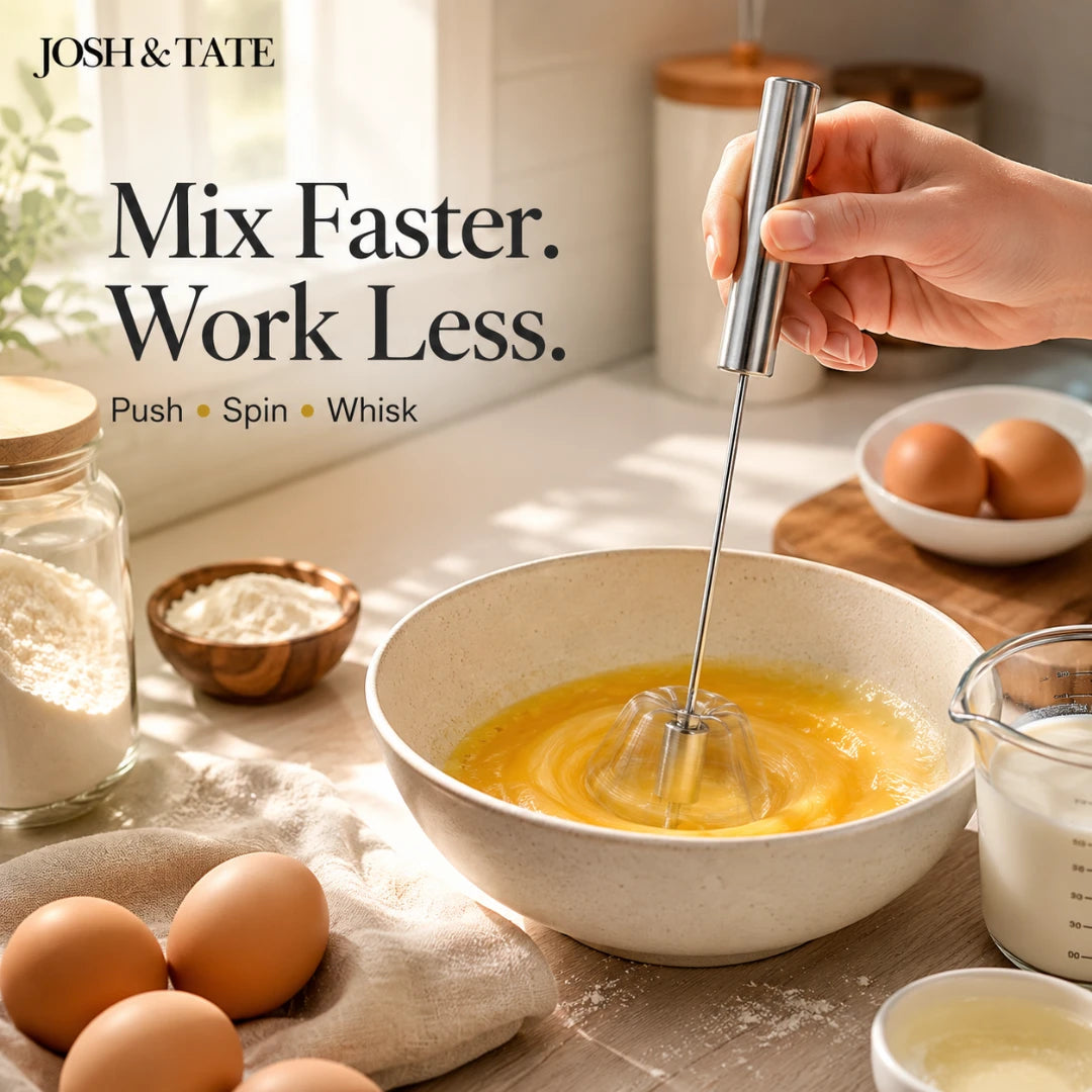 Josh & Tate - TwistBeat™ Push-Spin Egg Whisk - Person using a hand mixer to whisk eggs in a bowl on a kitchen counter with 'Josh & Tate' branding.