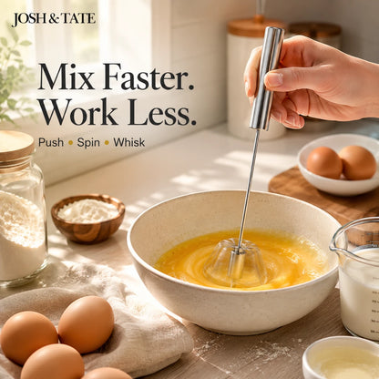 Josh & Tate - TwistBeat™ Push-Spin Egg Whisk - Person using a hand mixer to whisk eggs in a bowl on a kitchen counter with 'Josh & Tate' branding.