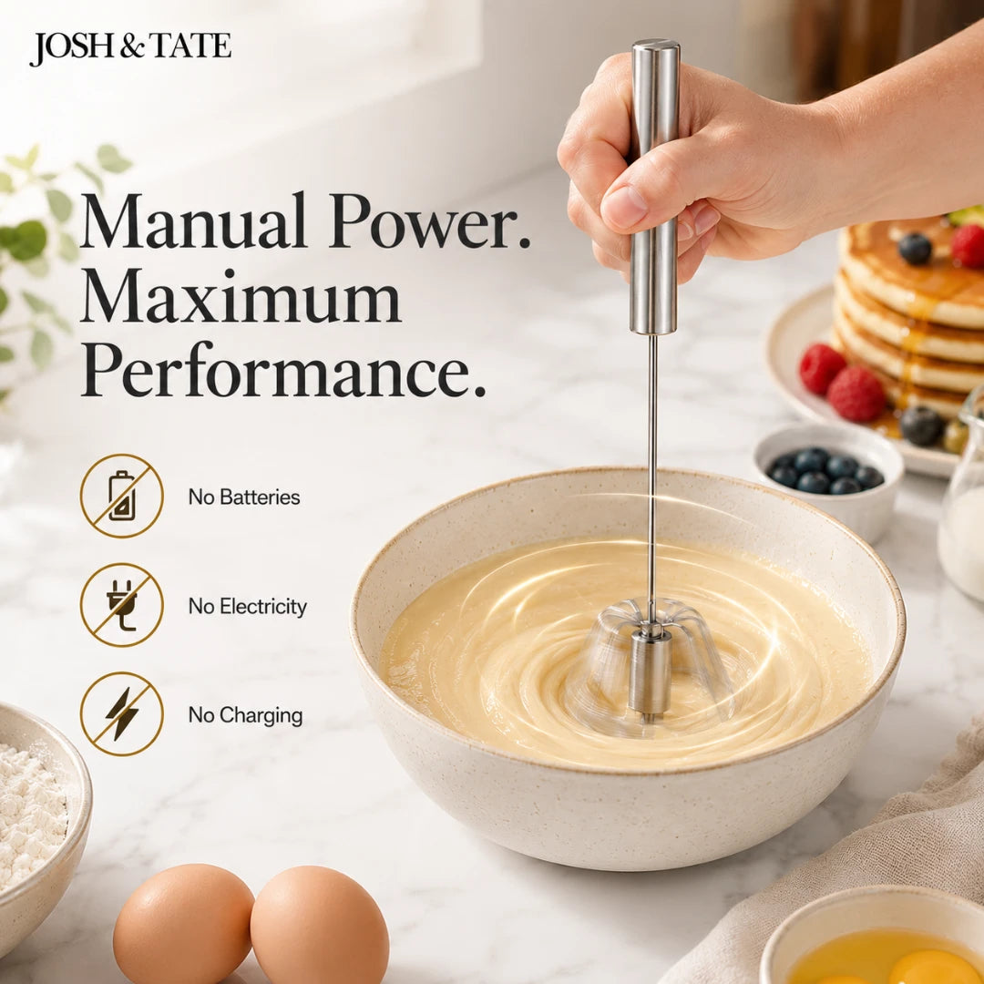 Josh & Tate - TwistBeat™ Push-Spin Egg Whisk - Hand using a hand mixer in a bowl with text about manual power and performance, set against a breakfast scene.