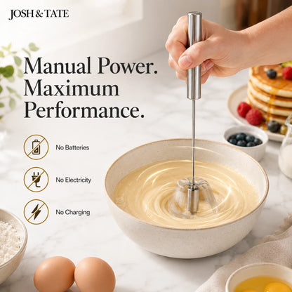 Josh & Tate - TwistBeat™ Push-Spin Egg Whisk - Hand using a hand mixer in a bowl with text about manual power and performance, set against a breakfast scene.