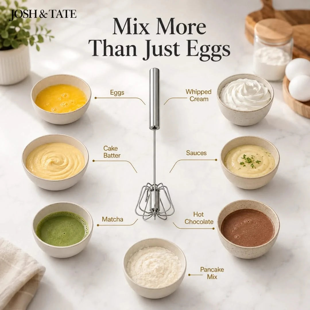 Josh & Tate - TwistBeat™ Push-Spin Egg Whisk - Various mixtures in bowls with a whisk and 'Josh & Tate' branding.