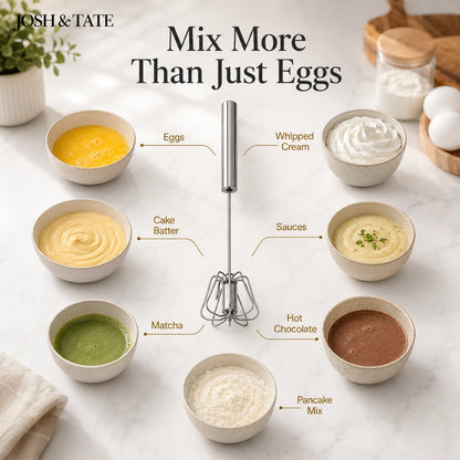 Josh & Tate - TwistBeat™ Push-Spin Egg Whisk - Various mixtures in bowls with a whisk and 'Josh & Tate' branding.