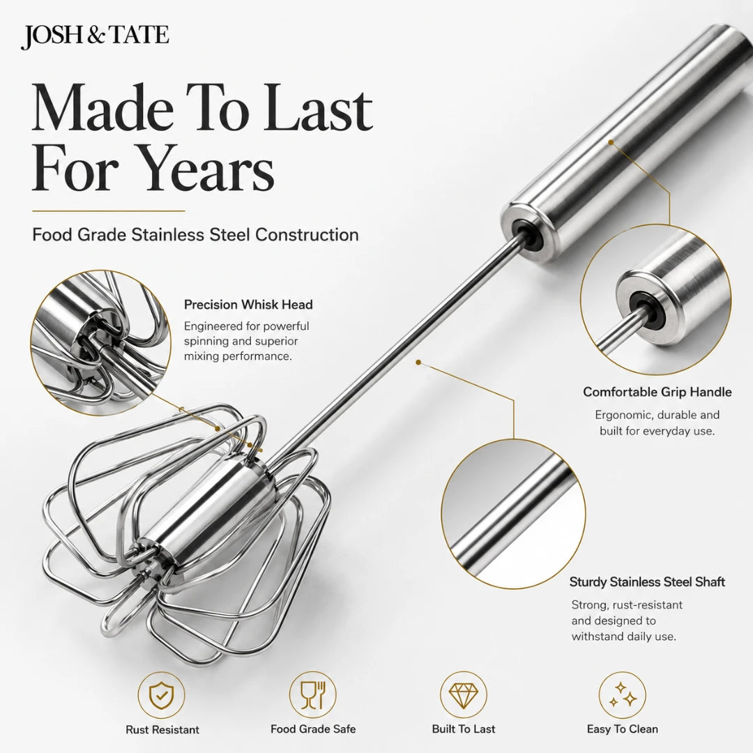 Josh & Tate - TwistBeat™ Push-Spin Egg Whisk - Stainless steel whisk with features highlighted on a white background, branded 'Josh & Tate'.