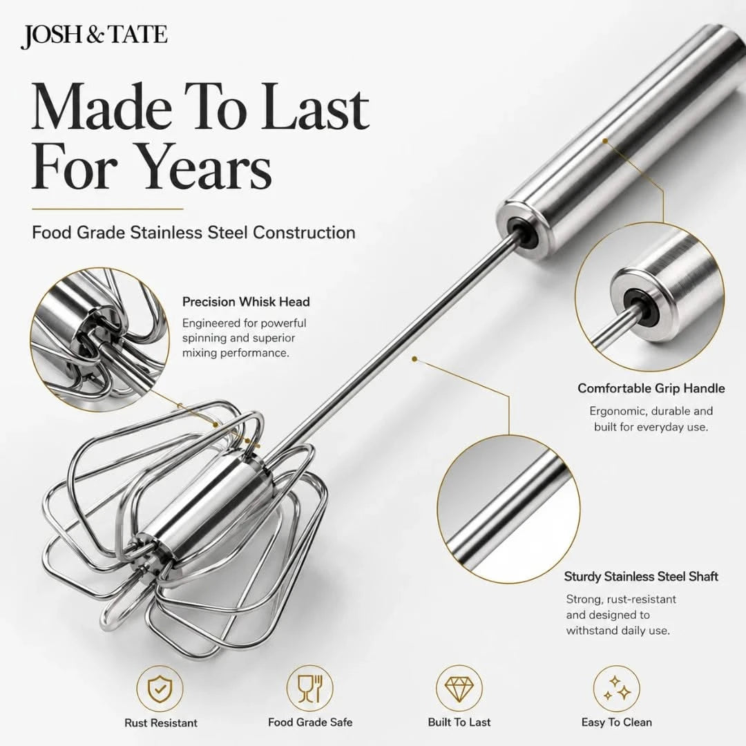 Josh & Tate - TwistBeat™ Push-Spin Egg Whisk - Stainless steel whisk with features highlighted on a white background, branded 'Josh & Tate'.
