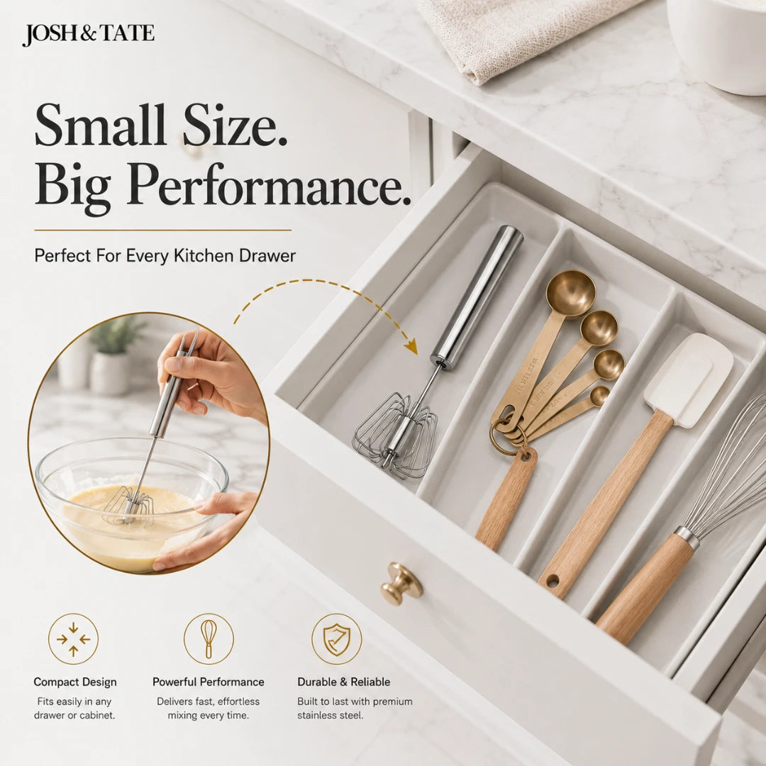 Josh & Tate - TwistBeat™ Push-Spin Egg Whisk - Kitchen utensils set with measuring spoons, whisk, and spatula in a drawer, featuring Josh & Tate branding.