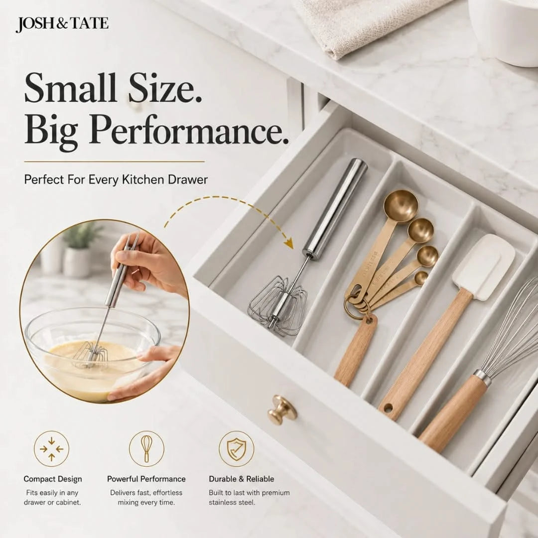 Josh & Tate - TwistBeat™ Push-Spin Egg Whisk - Kitchen utensils set with measuring spoons, whisk, and spatula in a drawer, featuring Josh & Tate branding.