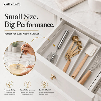 Josh & Tate - TwistBeat™ Push-Spin Egg Whisk - Kitchen utensils set with measuring spoons, whisk, and spatula in a drawer, featuring Josh & Tate branding.