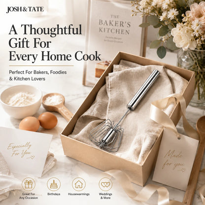 Josh & Tate - TwistBeat™ Push-Spin Egg Whisk - Gift set for home cooks with whisk, towel, and tag on a kitchen-themed background.