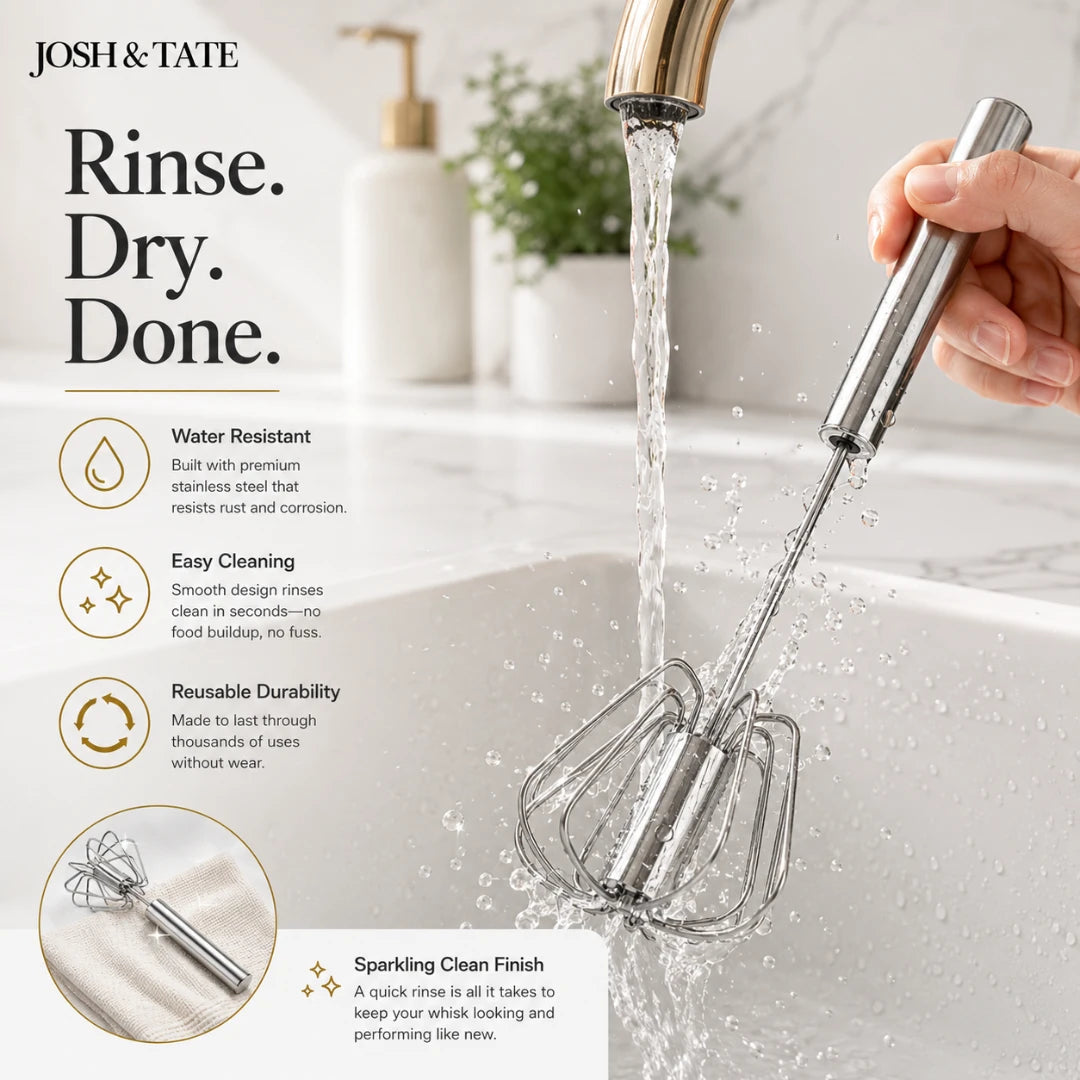 Josh & Tate - TwistBeat™ Push-Spin Egg Whisk - Hand mixer being rinsed under running water with product features listed on the left.