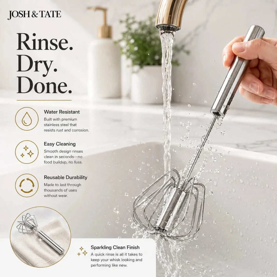 Josh & Tate - TwistBeat™ Push-Spin Egg Whisk - Hand mixer being rinsed under running water with product features listed on the left.