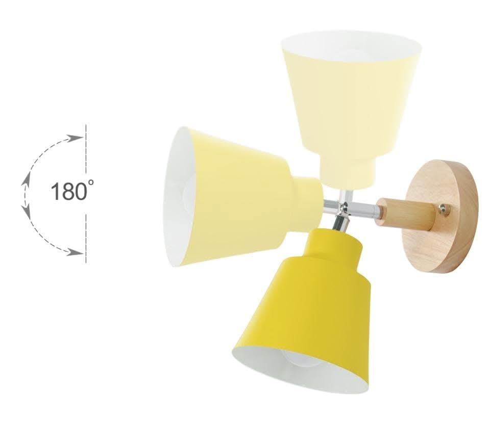 Yellow and white ceiling light fixture with wooden accents on a white background