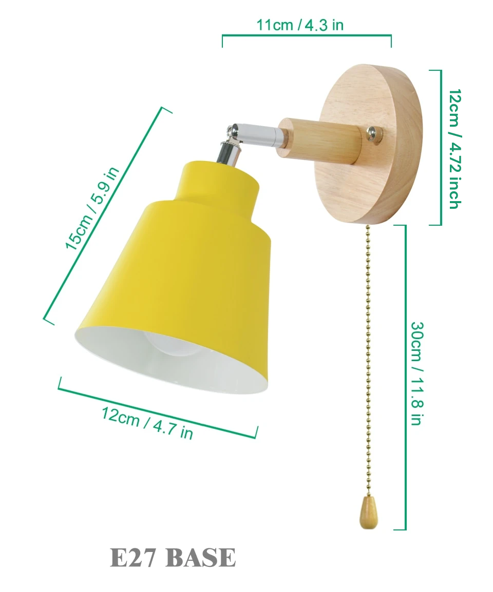 Yellow wall lamp with wooden arm and pull chain, dimensions displayed