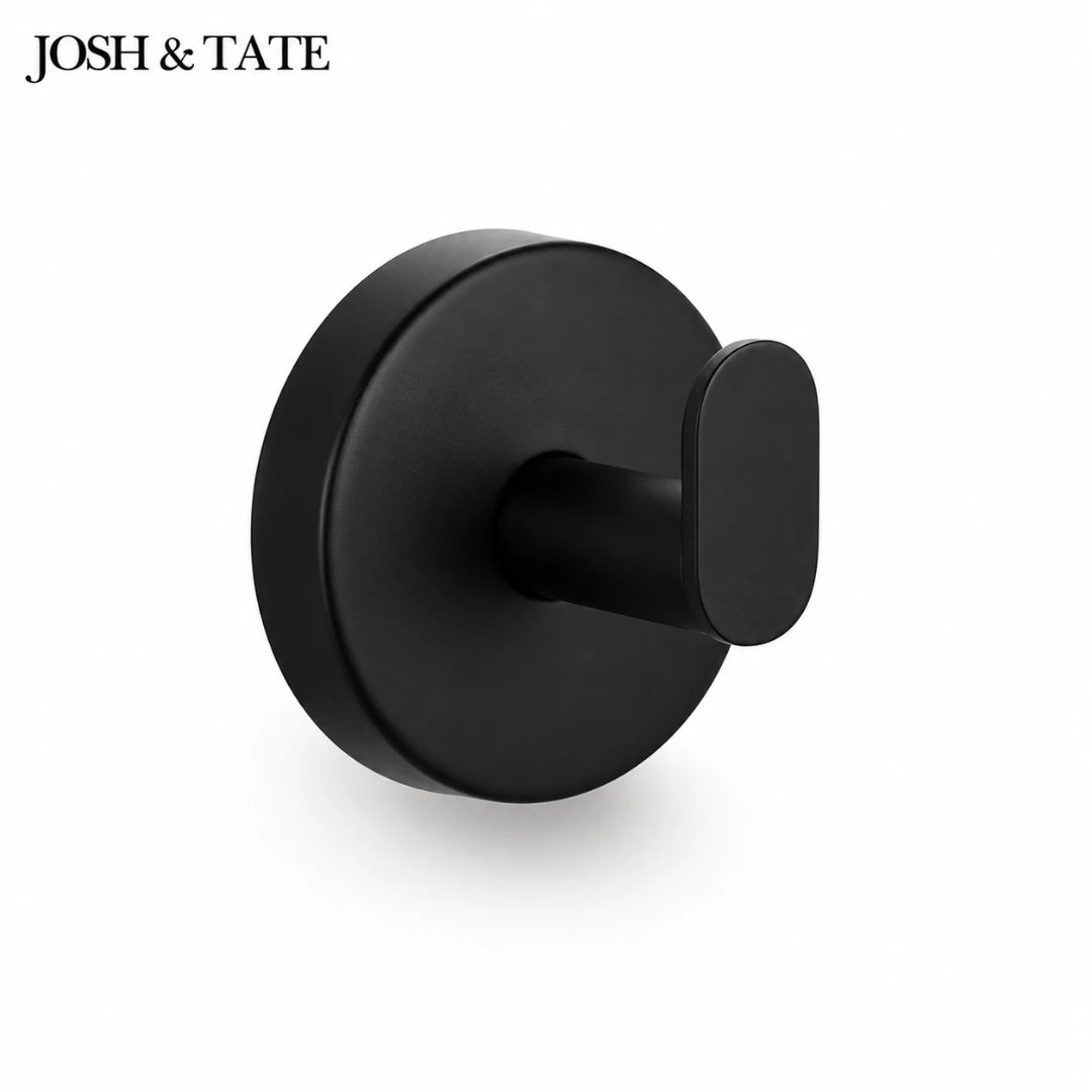 Josh & Tate - TwistMount™ Drill-Free Wall Hook - Black robe hook on a white background with 'JOSH & TATE' branding.