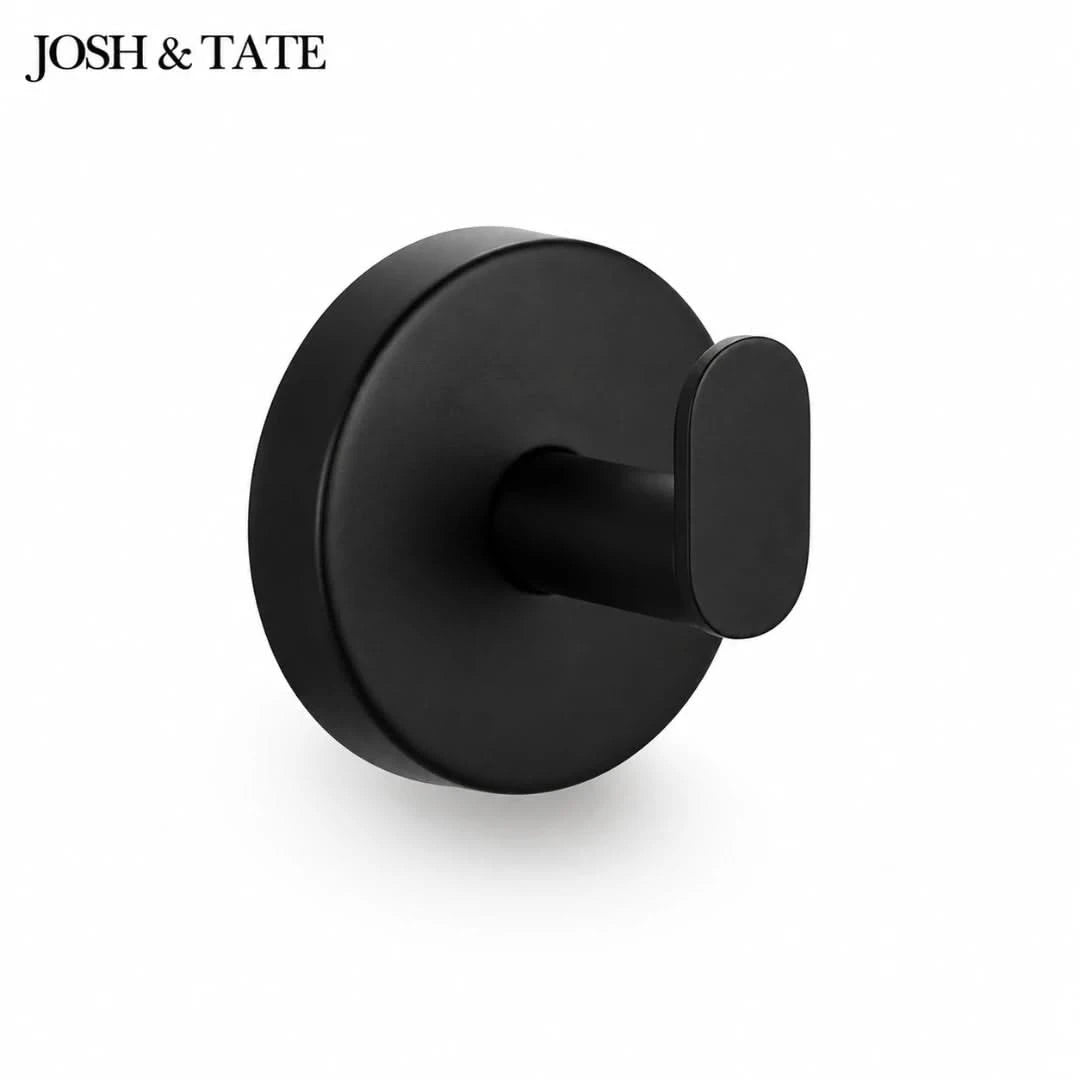 Josh & Tate - TwistMount™ Drill-Free Wall Hook - Black robe hook on a white background with 'JOSH & TATE' branding.
