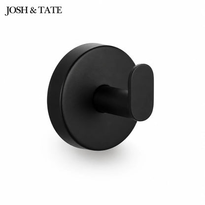 Josh & Tate - TwistMount™ Drill-Free Wall Hook - Black robe hook on a white background with 'JOSH & TATE' branding.