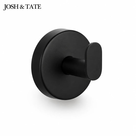 Josh & Tate - TwistMount™ Drill-Free Wall Hook - Black robe hook on a white background with 'JOSH & TATE' branding.