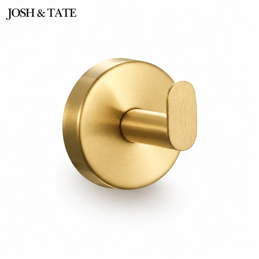 Josh & Tate - TwistMount™ Drill-Free Wall Hook - Gold door handle on a white background with 'JOSH & TATE' branding.