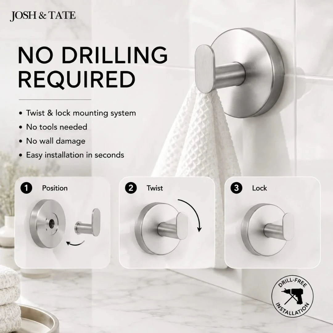 Josh & Tate - TwistMount™ Drill-Free Wall Hook - Bathroom hook system with installation instructions and 'No Drilling Required' text.