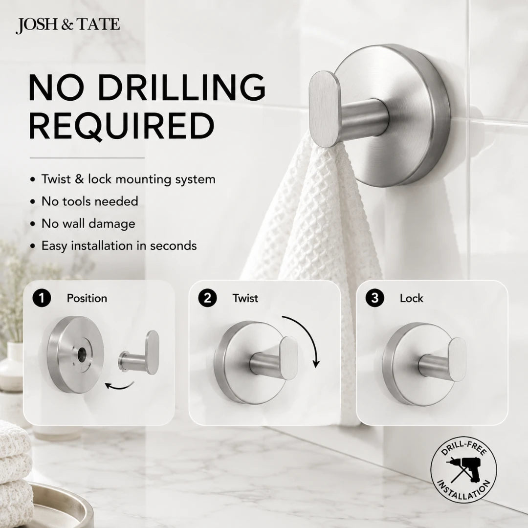 Josh & Tate - TwistMount™ Drill-Free Wall Hook - Bathroom hook system with installation instructions and 'No Drilling Required' text.