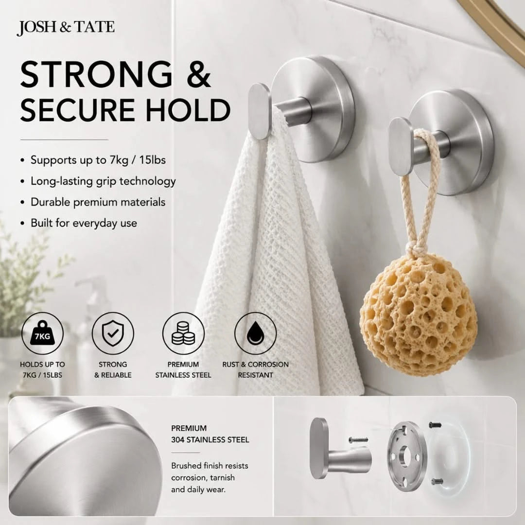 Josh & Tate - TwistMount™ Drill-Free Wall Hook - Metallic wall hooks with towel and sponge on a white background, featuring Josh & Tate branding.