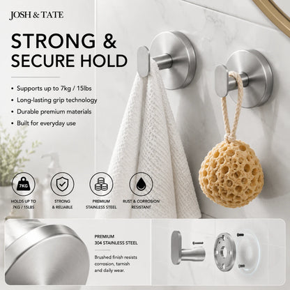 Josh & Tate - TwistMount™ Drill-Free Wall Hook - Metallic wall hooks with towel and sponge on a white background, featuring Josh & Tate branding.