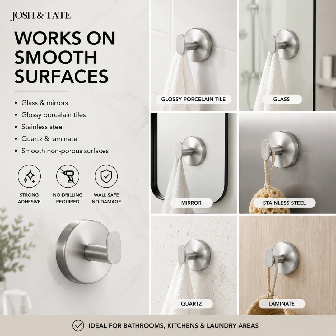Josh & Tate - TwistMount™ Drill-Free Wall Hook - Metallic wall hooks with adhesive backing on various surfaces in a bathroom setting, featuring Josh & Tate branding.