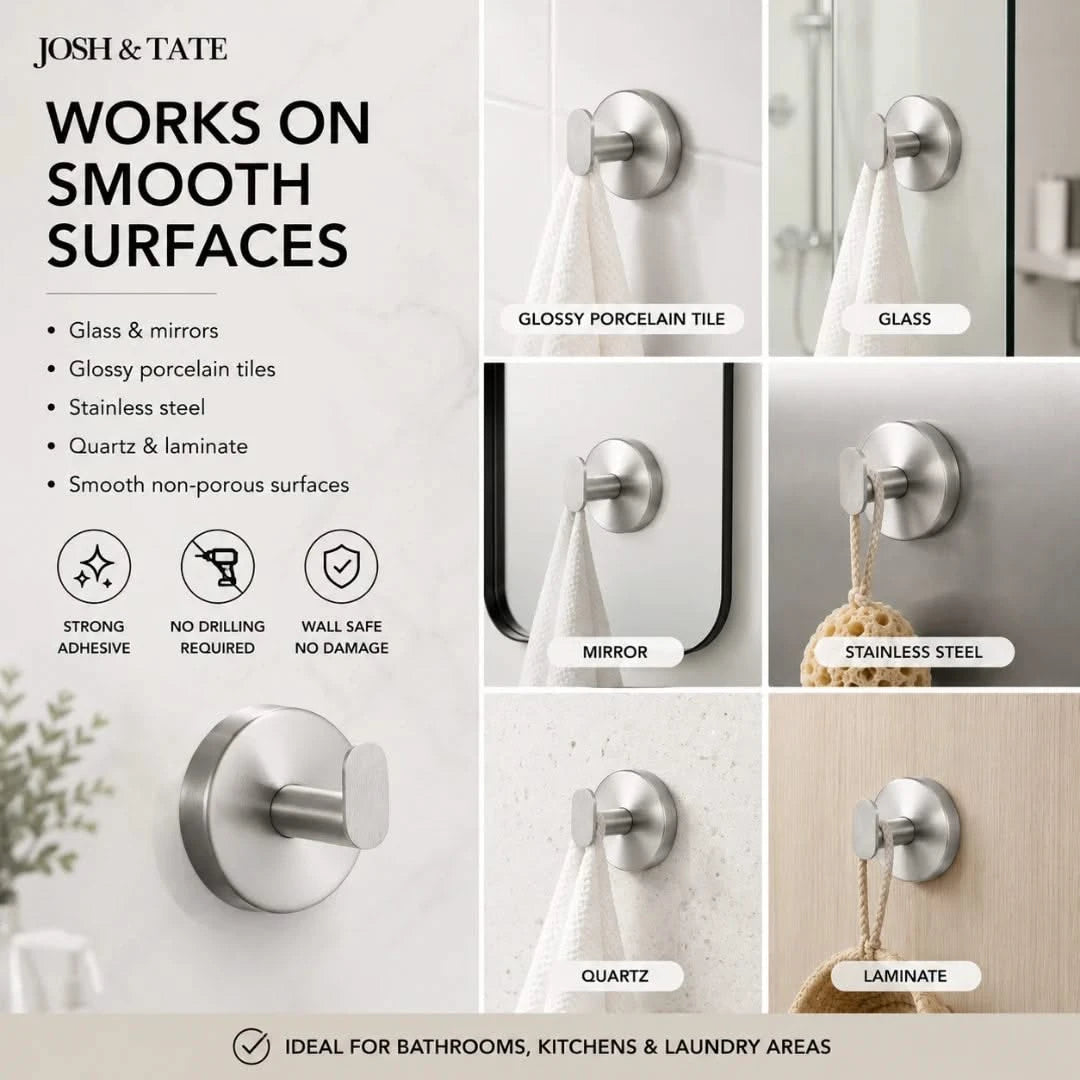 Josh & Tate - TwistMount™ Drill-Free Wall Hook - Metallic wall hooks with adhesive backing on various surfaces in a bathroom setting, featuring Josh & Tate branding.