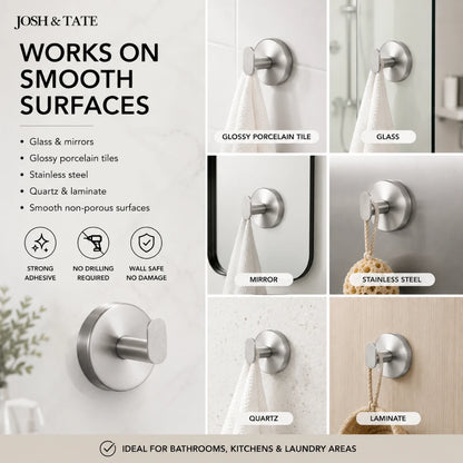 Josh & Tate - TwistMount™ Drill-Free Wall Hook - Metallic wall hooks with adhesive backing on various surfaces in a bathroom setting, featuring Josh & Tate branding.