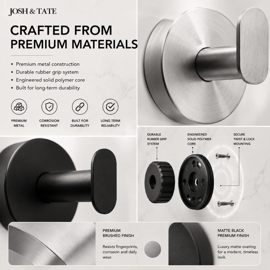 Josh & Tate - TwistMount™ Drill-Free Wall Hook - Door handle with text highlighting premium materials and features, featuring Josh & Tate brand.