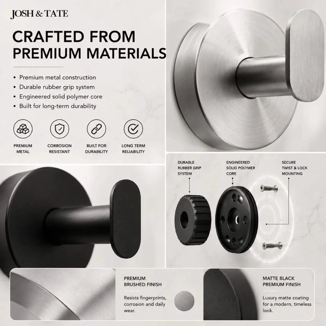 Josh & Tate - TwistMount™ Drill-Free Wall Hook - Door handle with text highlighting premium materials and features, featuring Josh & Tate brand.