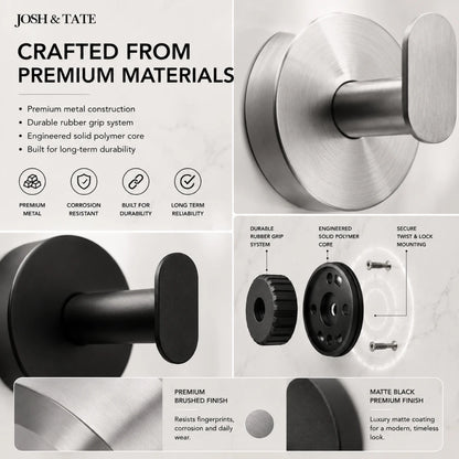Josh & Tate - TwistMount™ Drill-Free Wall Hook - Door handle with text highlighting premium materials and features, featuring Josh & Tate brand.