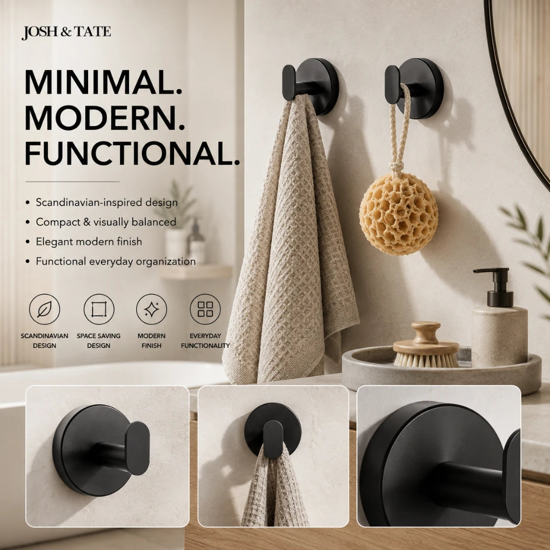 Josh & Tate - TwistMount™ Drill-Free Wall Hook - Bathroom hooks with towel and sponge, featuring Josh & Tate branding and design attributes.